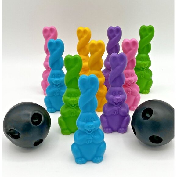 Vintage Easter Bunny Rabbit blow mold tabletop bowling set mini Spring Pastels - Picture 1 of 10